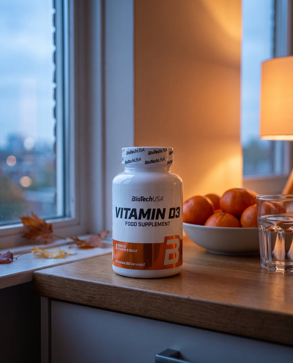 BioTechUSA Vitamin D3 op een keukenblad bij het raam in de herfstschemering