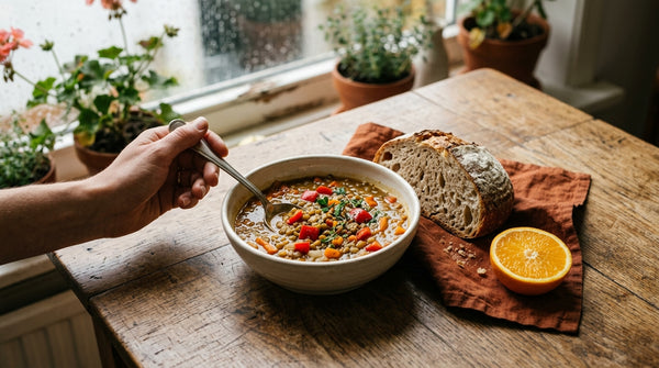 Linzensoep met rode paprika, zuurdesembrood en een halve sinaasappel op een houten keukentafel op een regenachtige herfstdag.
