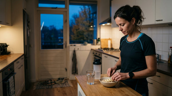 Een hardloper maakt 's ochtends vroeg havermout met banaan klaar in de keuken, met zijn hardloopschoenen klaar bij de deur.