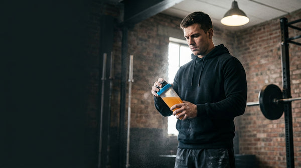 Sporter schudt zijn pre-workout in een shaker in de sportschool vlak voor de training.