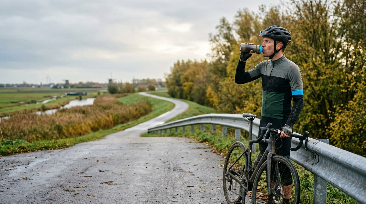 Wielrenner drinkt uit zijn bidon tijdens een pauze op een natte polderdijk in de herfst.