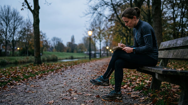 Hardloper zit na een avondloop op een bankje in een herfstig park en schrijft een paar regels in een klein logboek.