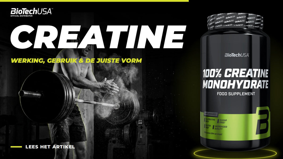 100% Creatine Monohydrate 1000g van BioTechUSA naast een krachtsporter met halter