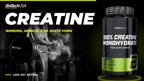 100% Creatine Monohydrate 1000g van BioTechUSA naast een krachtsporter met halter