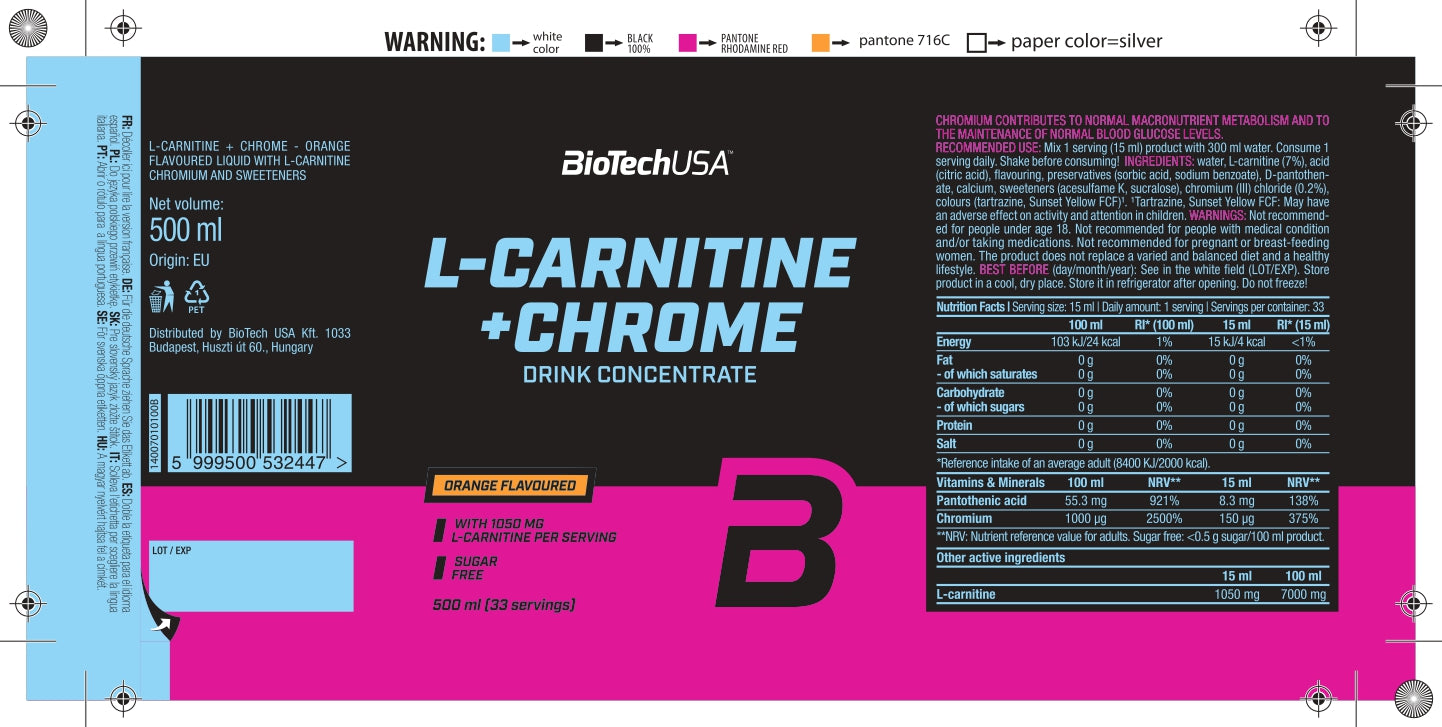 Biotech USA L-Carnitine + Chrome Concentrate Orange Flavor 500ml L Carnitine Fast And Up Biotech USA L-Carnitine + Chrome Concentrate Orange Flavor 500ml L Carnitine Fast And Up