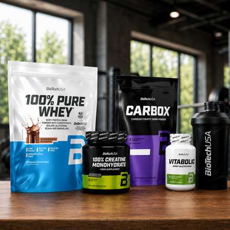 BioTechUSA Starter Pack met 100% Pure Whey, Creatine Monohydrate, CarboX, Vitabolic en Wave Shaker